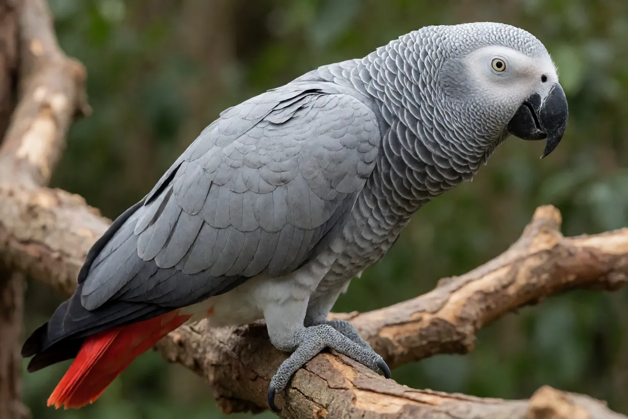 Papagaio-do-congo de corpo inteiro empoleirado em galho natural