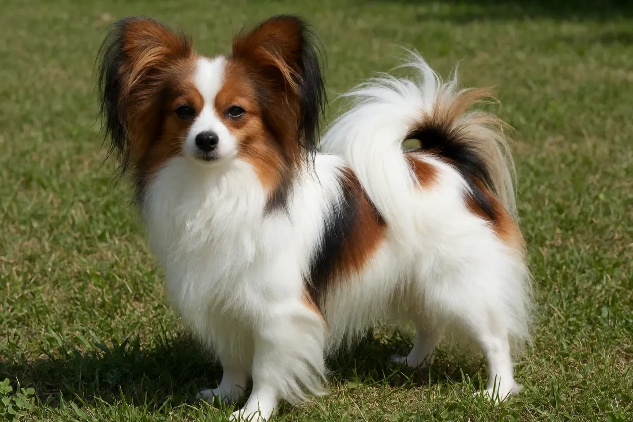 Papillon adulto em pé na grama mostrando orelhas em forma de borboleta e pelagem branca com manchas