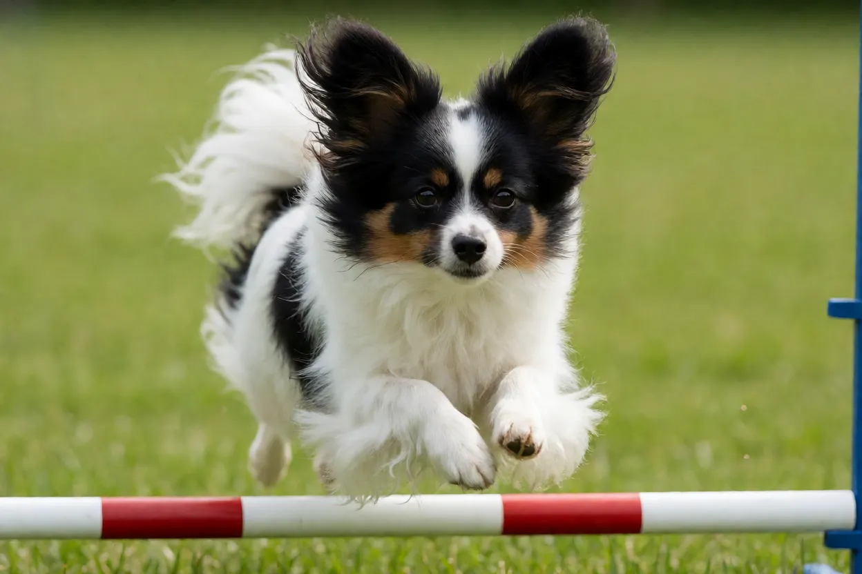 Papillon: personalidade, inteligência e como cuidar desse cachorro Papillon em treino de agility saltando obstáculo