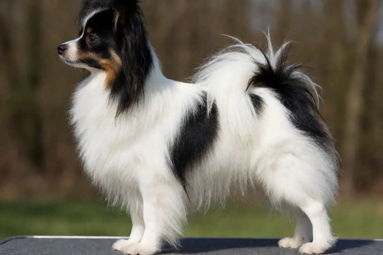 Papillon: personalidade, inteligência e como cuidar desse cachorro Papillon adulto em pé mostrando proporções e tamanho