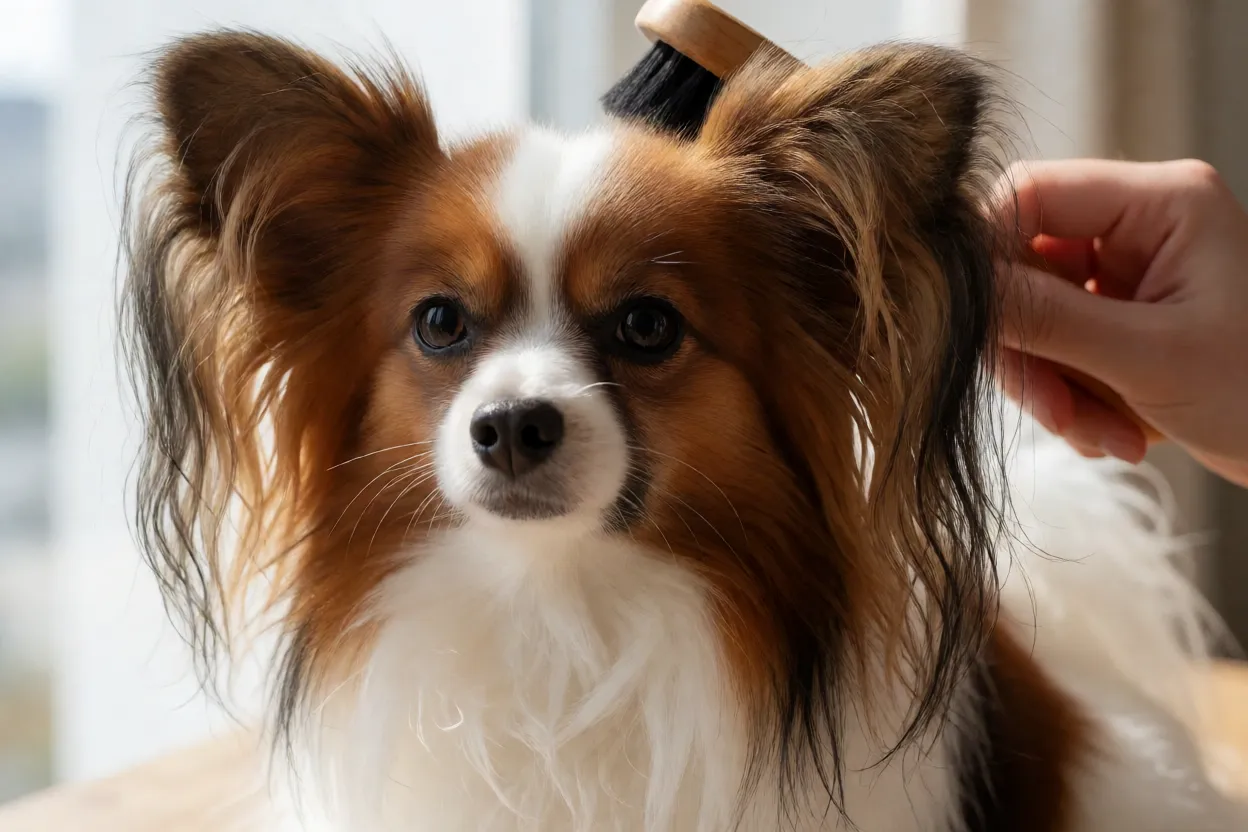 Papillon: personalidade, inteligência e como cuidar desse cachorro Papillon sendo escovado mostrando franjas das orelhas
