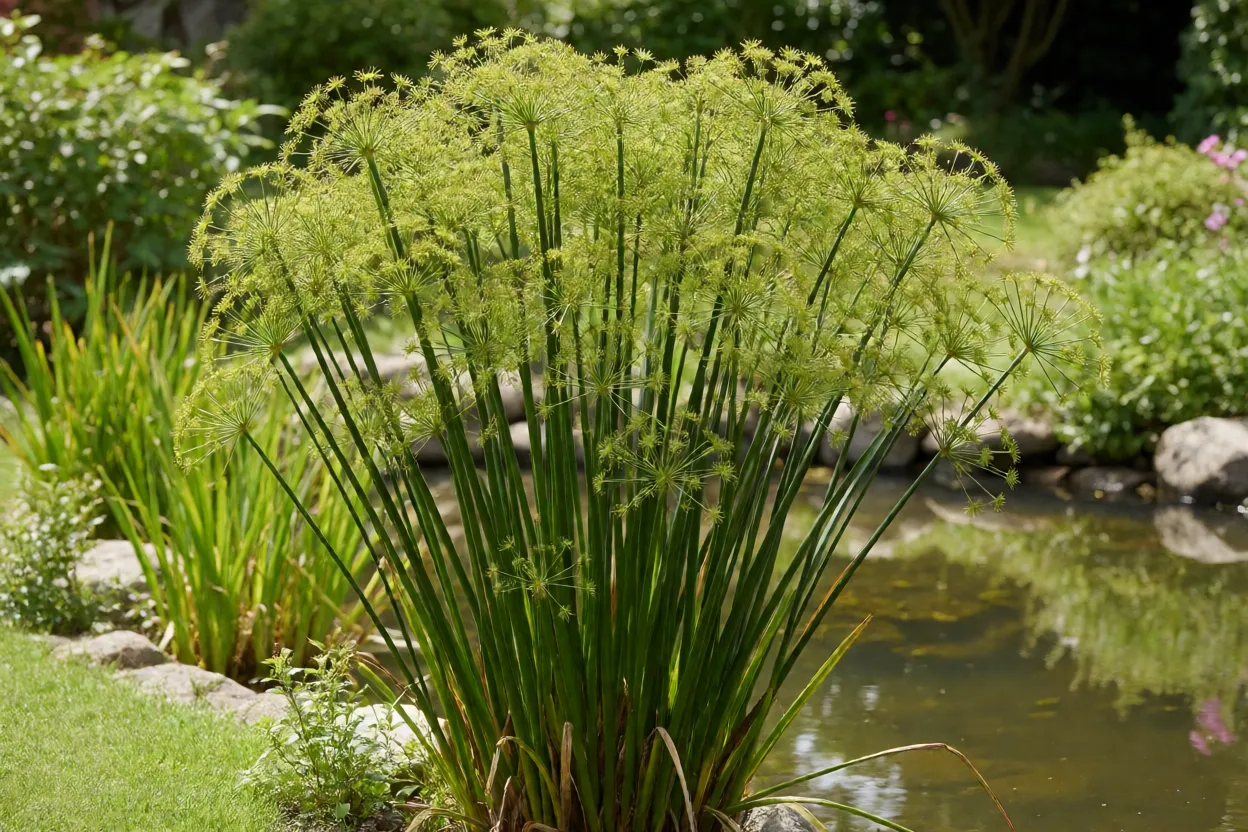 Papiro-brasileiro adulto formando touceira alta ao lado de lago no jardim