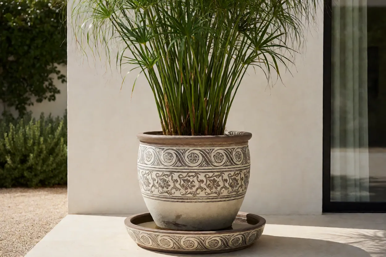 Papiro cultivado em vaso grande com prato de &aacute;gua