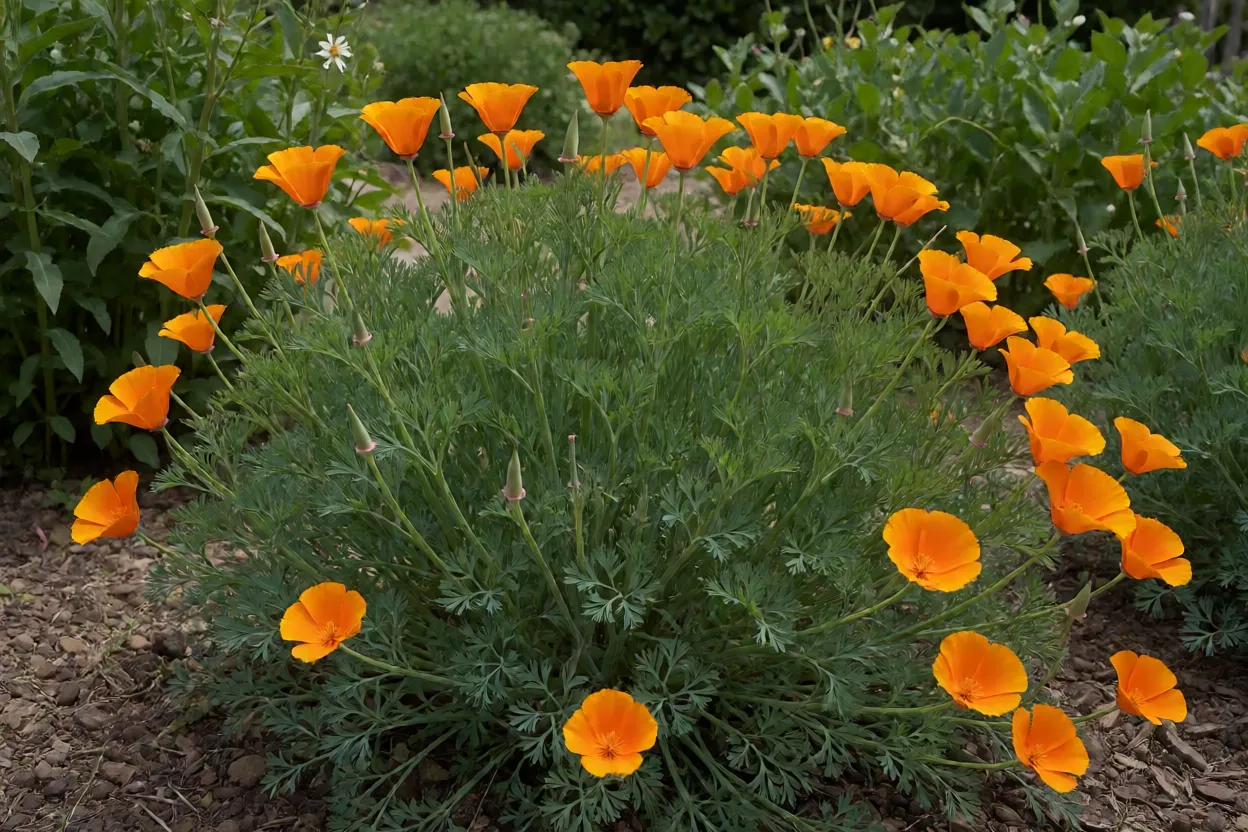 Papoula-da-califórnia adulta florida em canteiro ensolarado com flores laranja em forma de taça