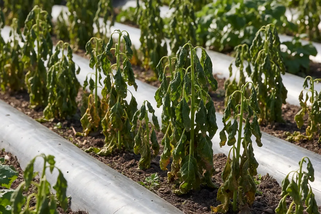 Canteiro com t&uacute;neis e plantas murchas indicando ataque de paquinha