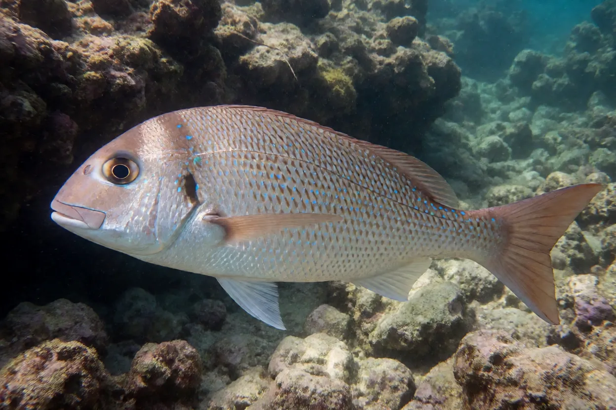 Pargo Pargo-rosa Pagrus pagrus visto de lado nadando próximo a recife rochoso