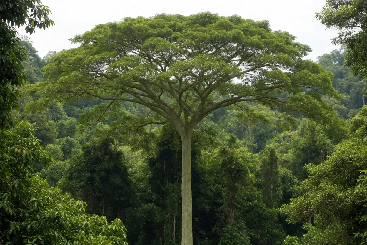 Paricá adulto de porte gigante com tronco reto e copa em guarda-chuva na Amazônia