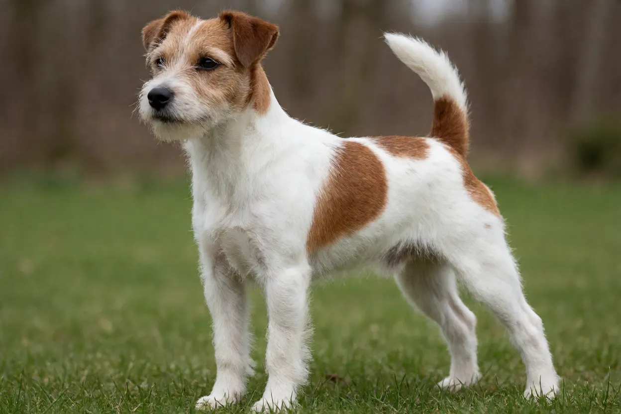 Parson Russell Terrier adulto de pelagem branca com marca&ccedil;&otilde;es marrons em pose alerta