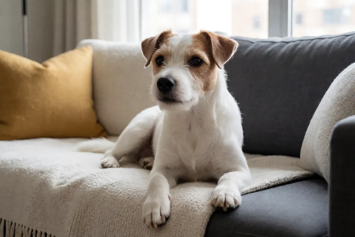 Parson Russell Terrier em apartamento moderno descansando ap&oacute;s exerc&iacute;cio