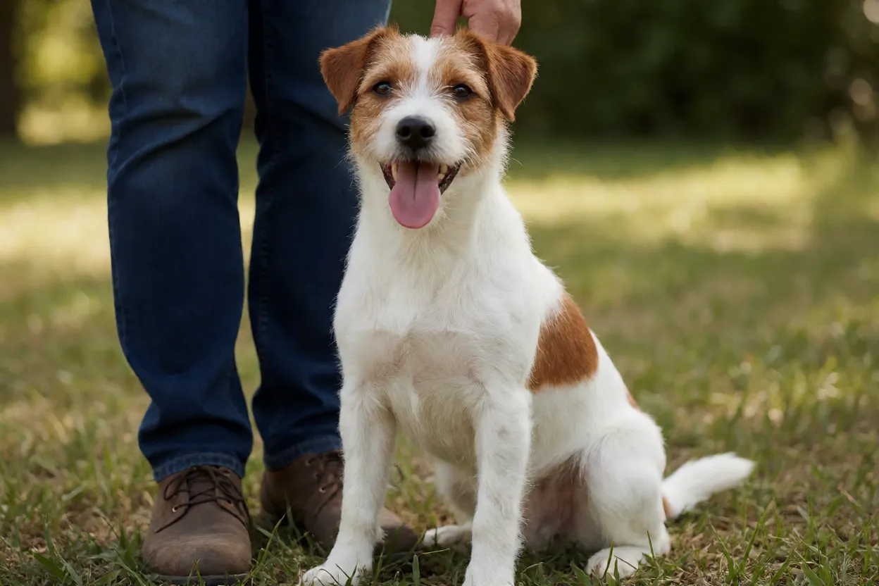 Parson Russell Terrier feliz ao lado do tutor em ambiente externo
