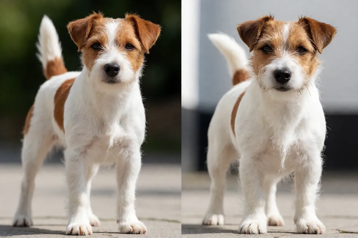 Compara&ccedil;&atilde;o visual entre Parson Russell Terrier e Jack Russell em lado a lado