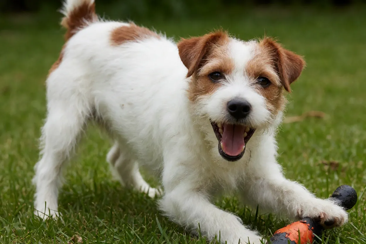 Parson Russell Terrier brincando animado com brinquedo em gramado