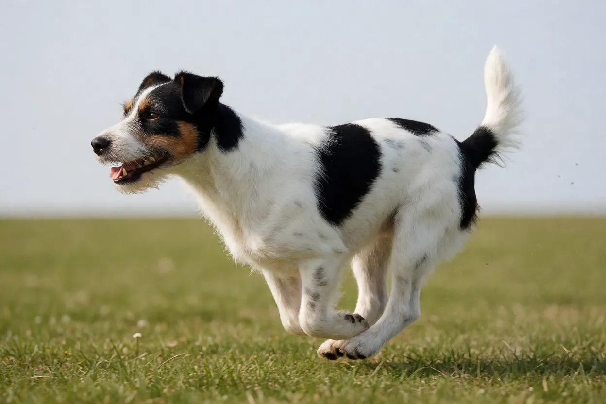 Parson Russell Terrier correndo em campo aberto com energia alta