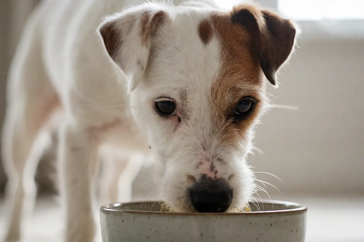 Parson Russell Terrier comendo ra&ccedil;&atilde;o em tigela no ch&atilde;o da cozinha