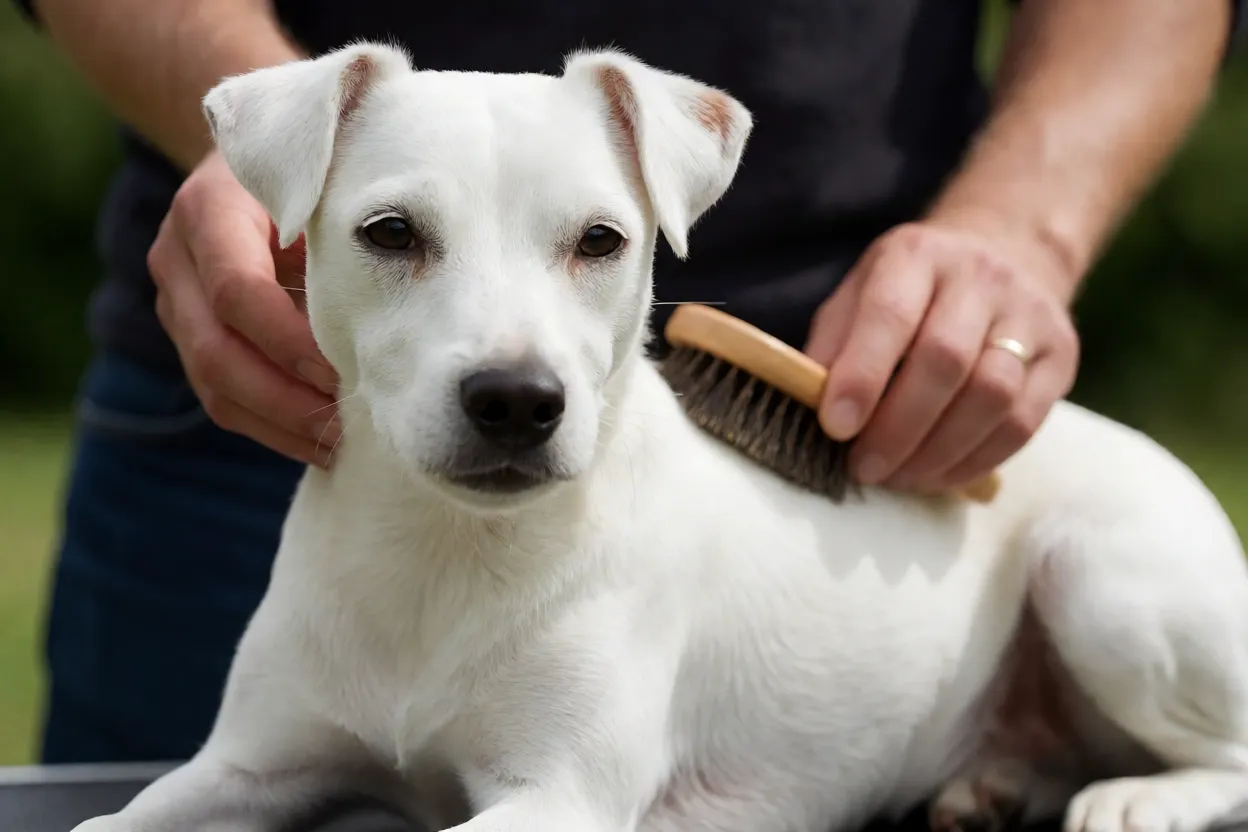 Parson Russell Terrier sendo escovado por tutor em ambiente dom&eacute;stico