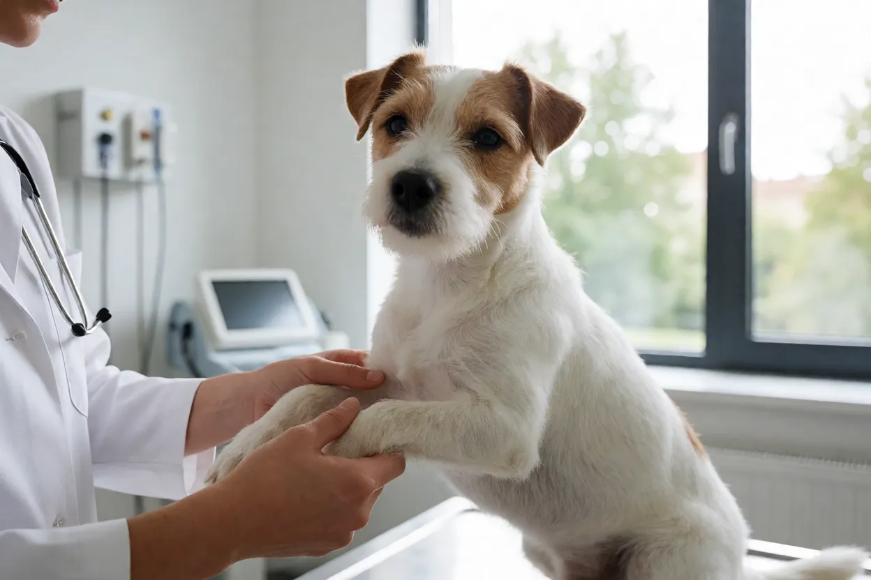 Parson Russell Terrier em consulta veterin&aacute;ria sendo examinado