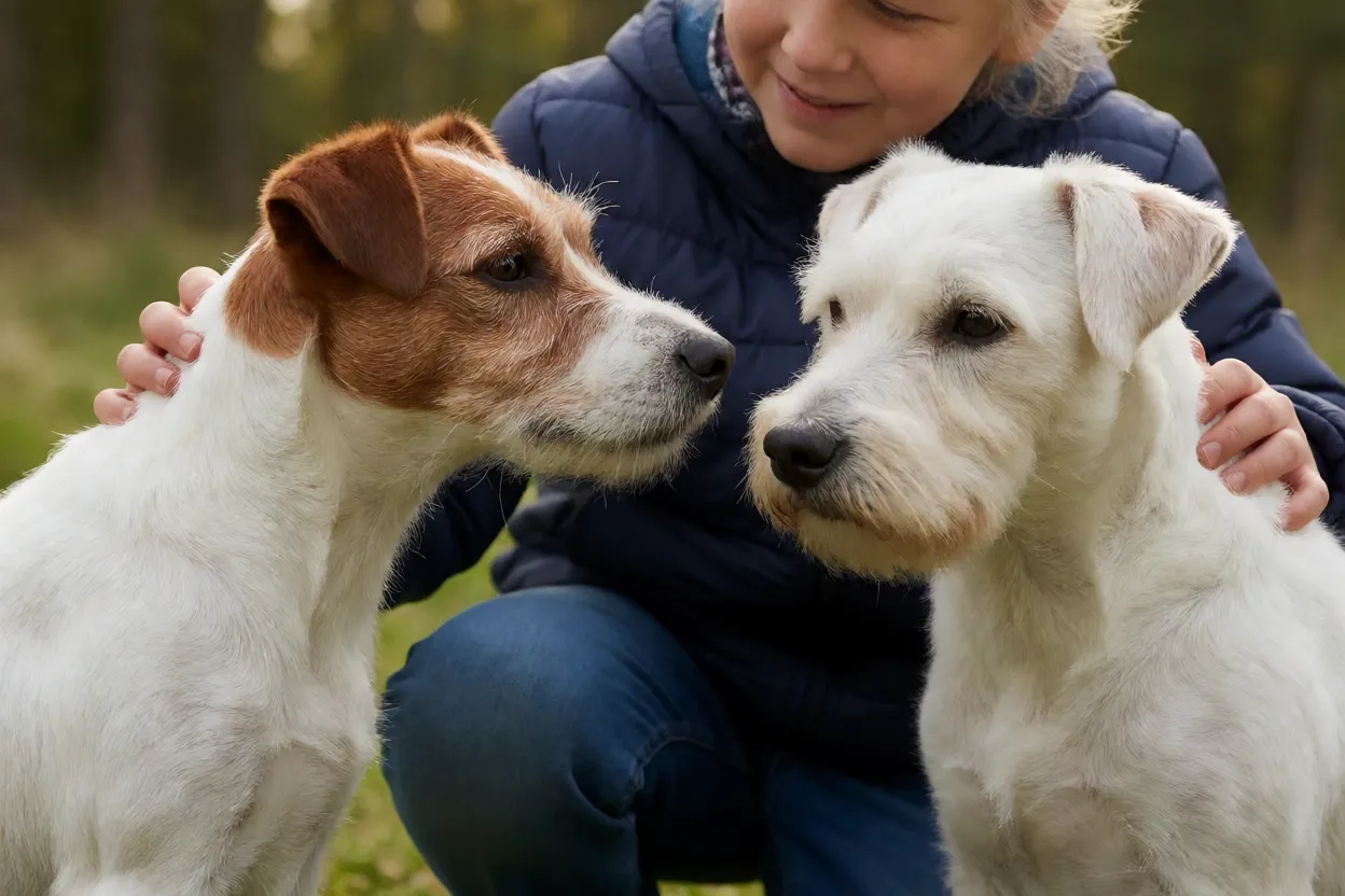 Parson Russell Terrier interagindo calmamente com crian&ccedil;a e outro c&atilde;o