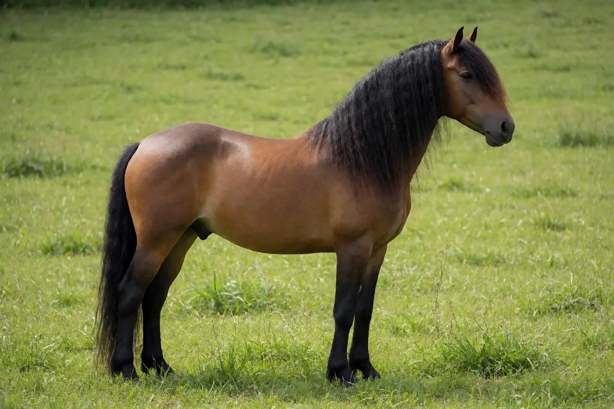 Cavalo Paso Iberoamericano adulto em perfil na pastagem mostrando conformação elegante