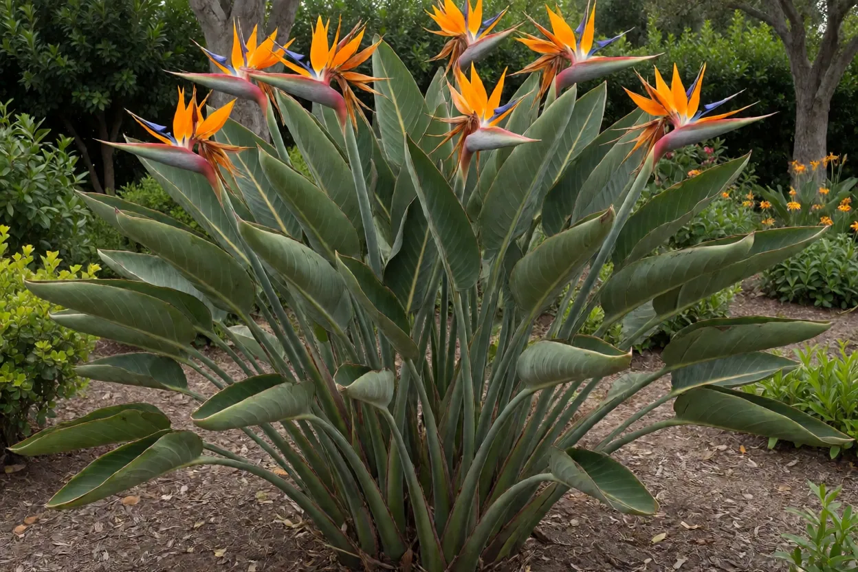 Pássaro-de-fogo adulto florido em canteiro de jardim com flores laranja e azul