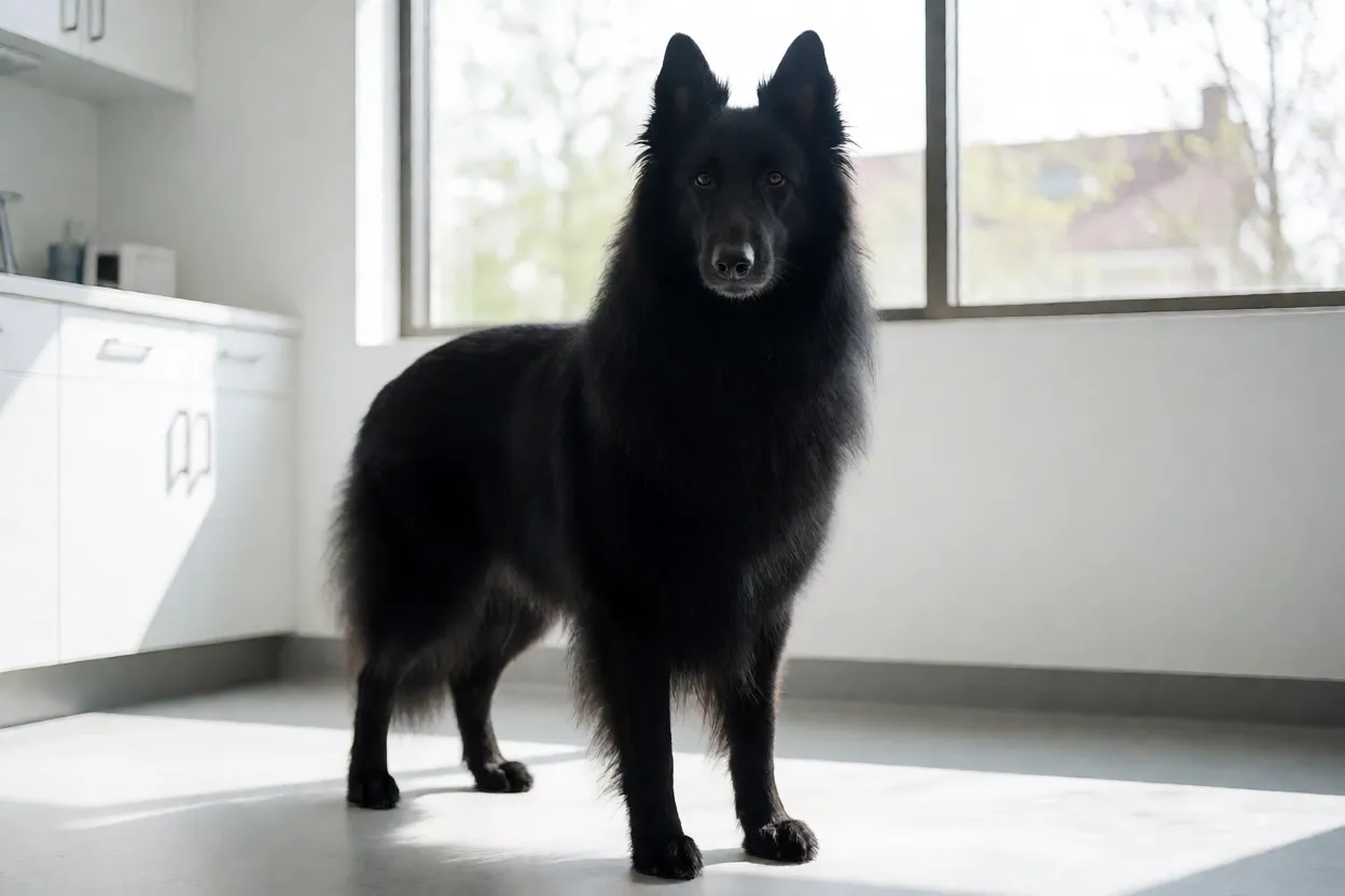 Pastor-belga Groenendael em consulta veterin&aacute;ria de rotina