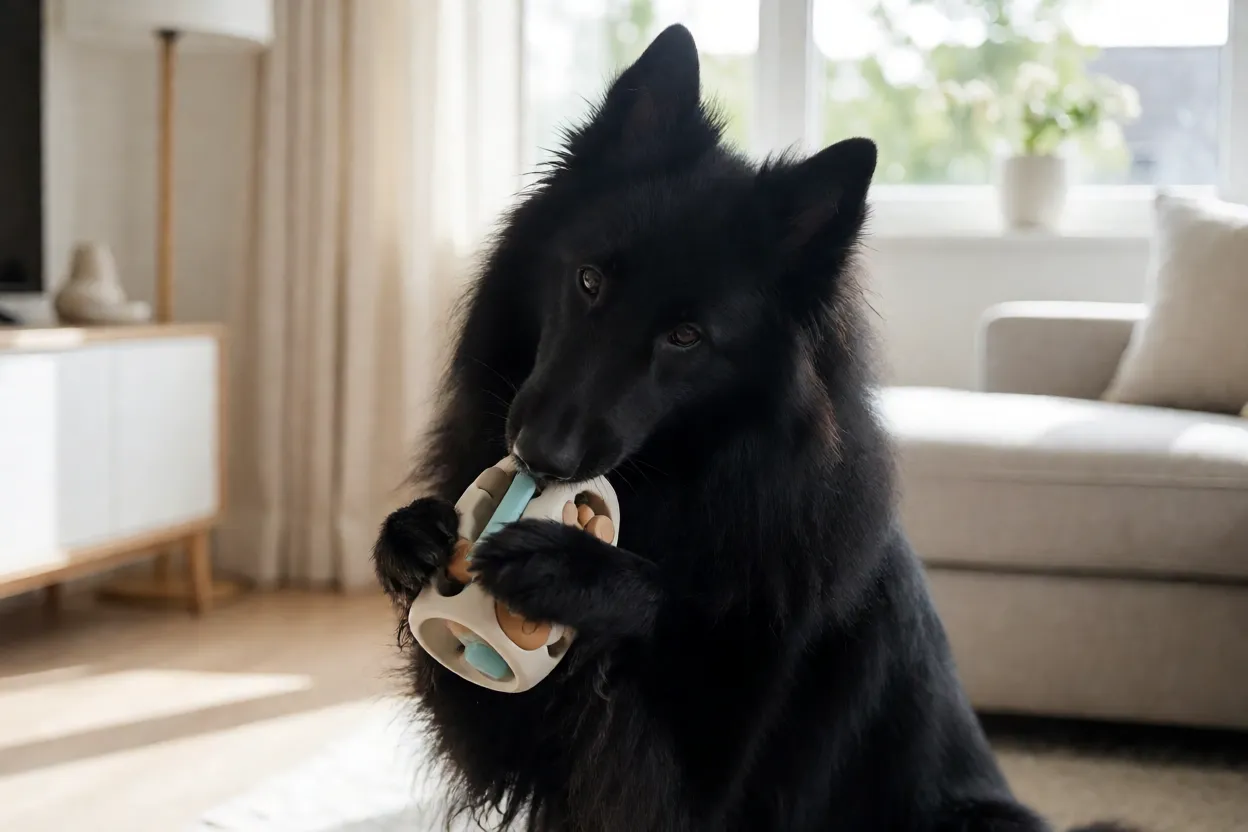 Pastor-belga Groenendael brincando com brinquedo interativo