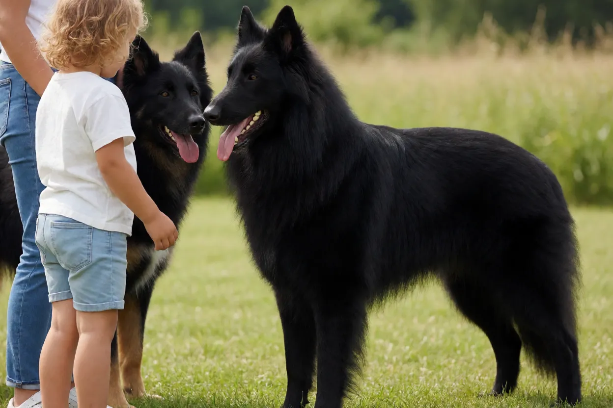Pastor-belga Groenendael socializando com crian&ccedil;a e outro cachorro