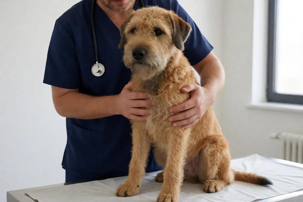 Veterin&aacute;rio examinando um Pastor Belga Laekenois