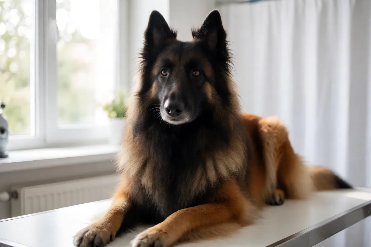 Pastor-belga Tervuren em consulta veterin&aacute;ria de rotina