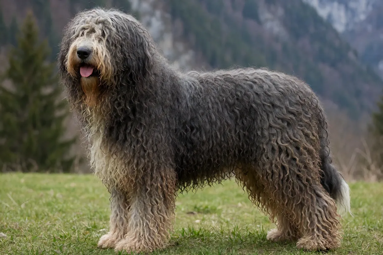 Pastor-bergamasco: características, personalidade e como cuidar da raça Pastor-bergamasco adulto com pelagem em flocos longos e densos em ambiente externo