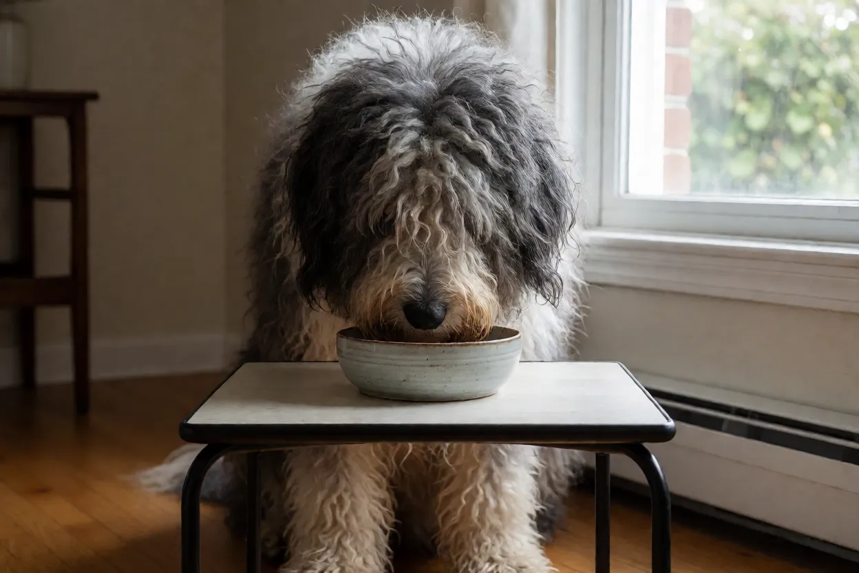 Pastor-bergamasco: características, personalidade e como cuidar da raça Pastor-bergamasco adulto comendo em tigela em ambiente doméstico