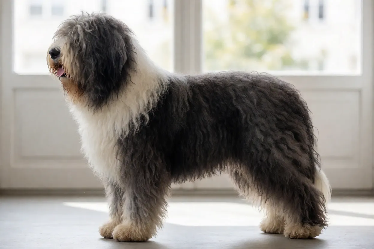 Pastor-bergamasco: características, personalidade e como cuidar da raça Pastor-bergamasco adulto em perfil mostrando proporções do corpo e pelagem