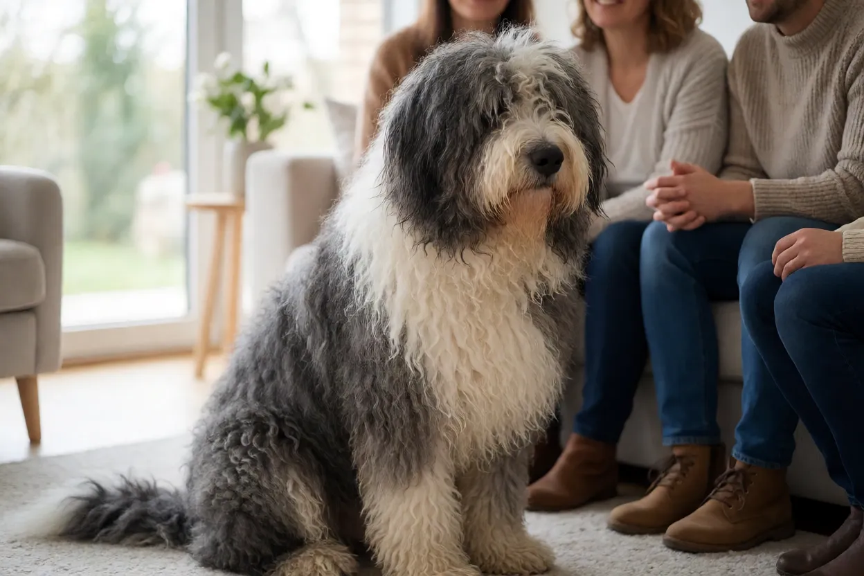 Pastor-bergamasco: características, personalidade e como cuidar da raça Pastor-bergamasco calmo e atento ao lado de sua família
