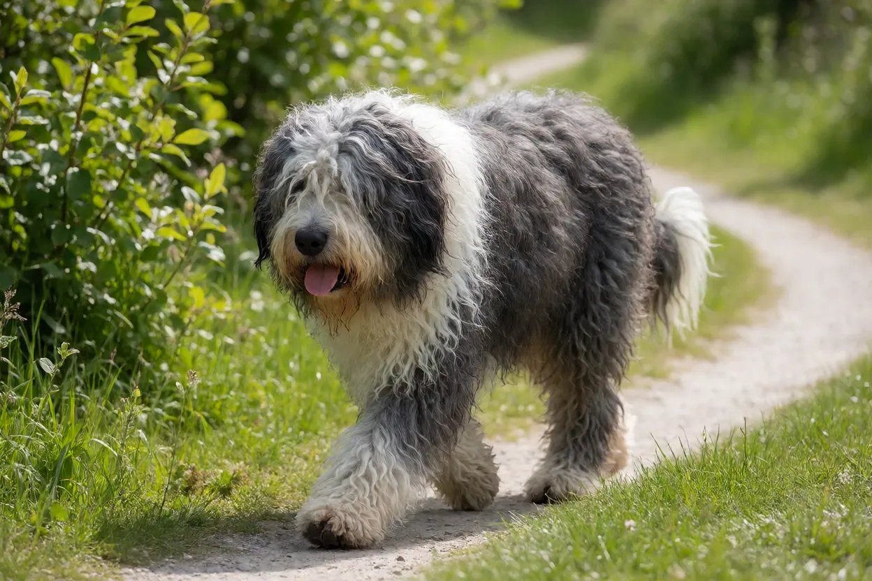 Pastor-bergamasco: características, personalidade e como cuidar da raça Pastor-bergamasco em caminhada em trilha natural