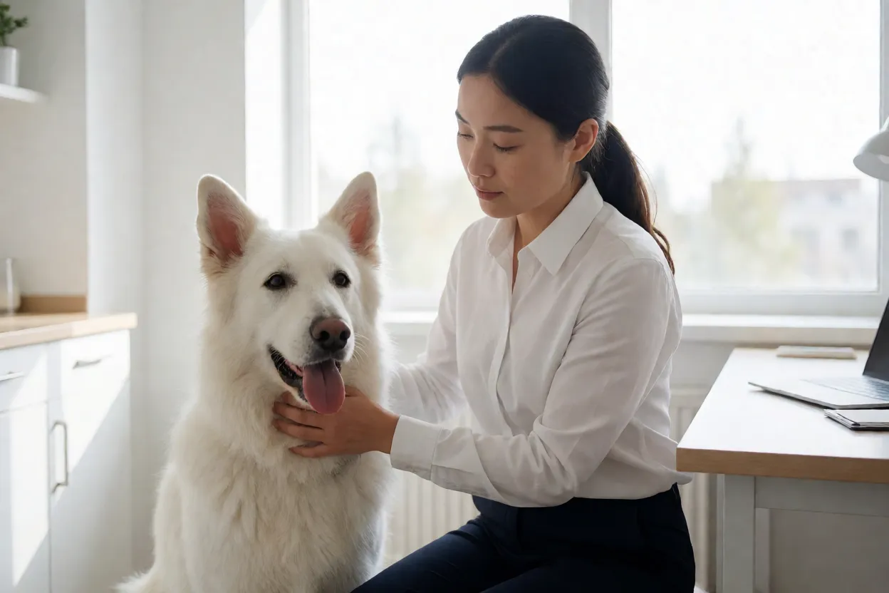 Pastor-branco-suíço: pelagem branca, personalidade, inteligência e cuidados Veterinário examina Pastor Branco Suíço