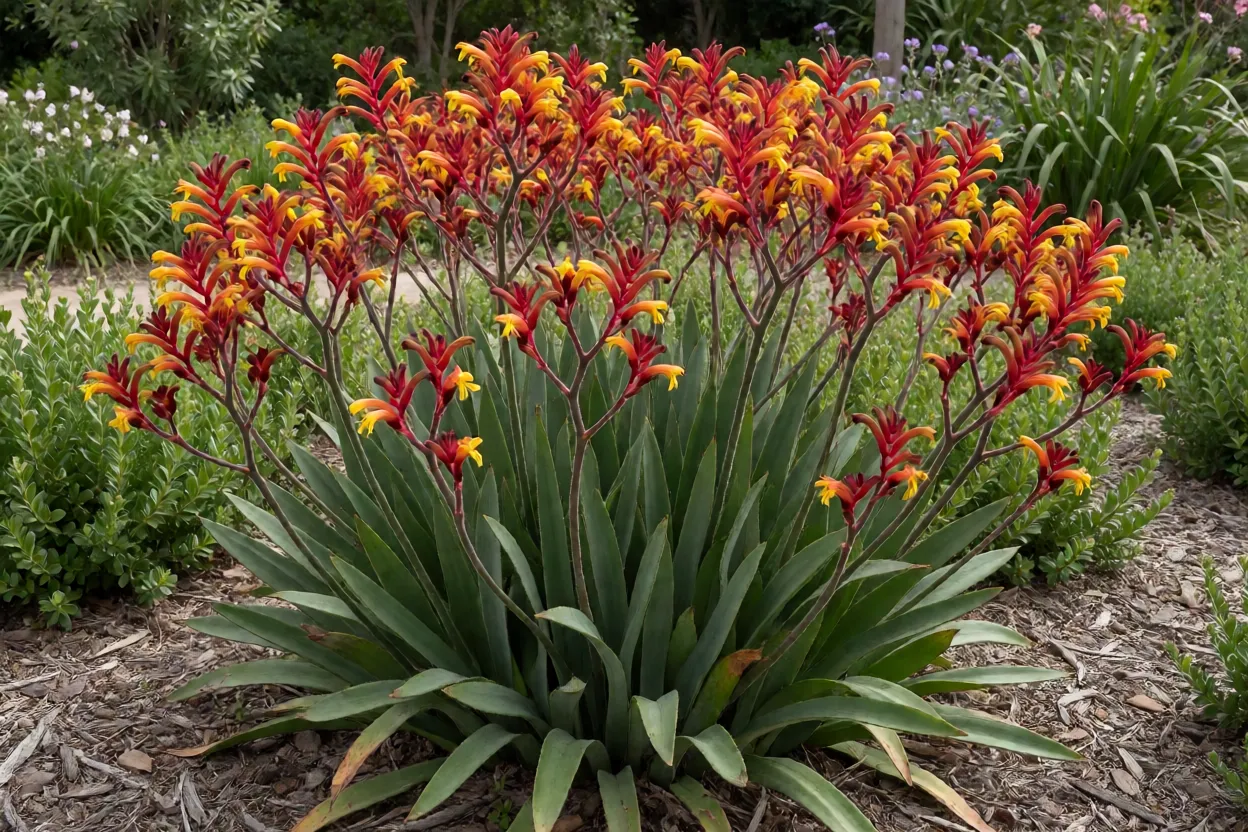 Pata-de-canguru adulta florida no jardim com hastes aveludadas vermelhas e amarelas
