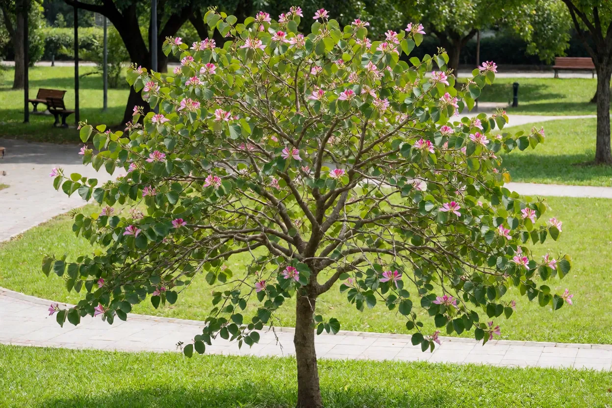 Árvore pata-de-vaca adulta vista completa em parque urbano