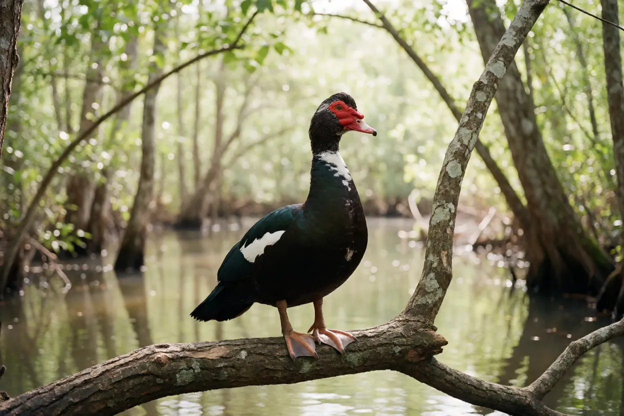 Pato-do-mato selvagem de corpo inteiro em galho sobre a água, mostrando plumagem preta com mancha branca na asa