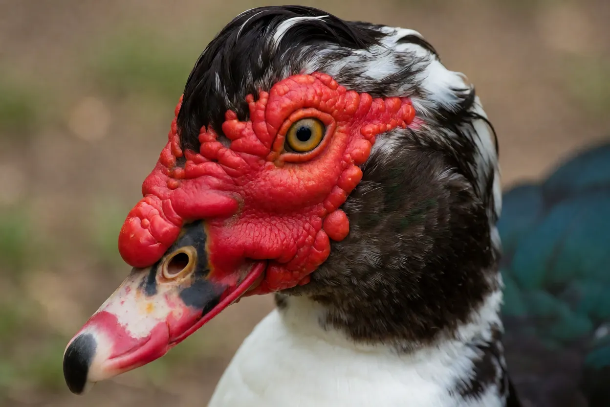 Close da cabeça do pato-do-mato mostrando carúnculas vermelhas e bico escuro