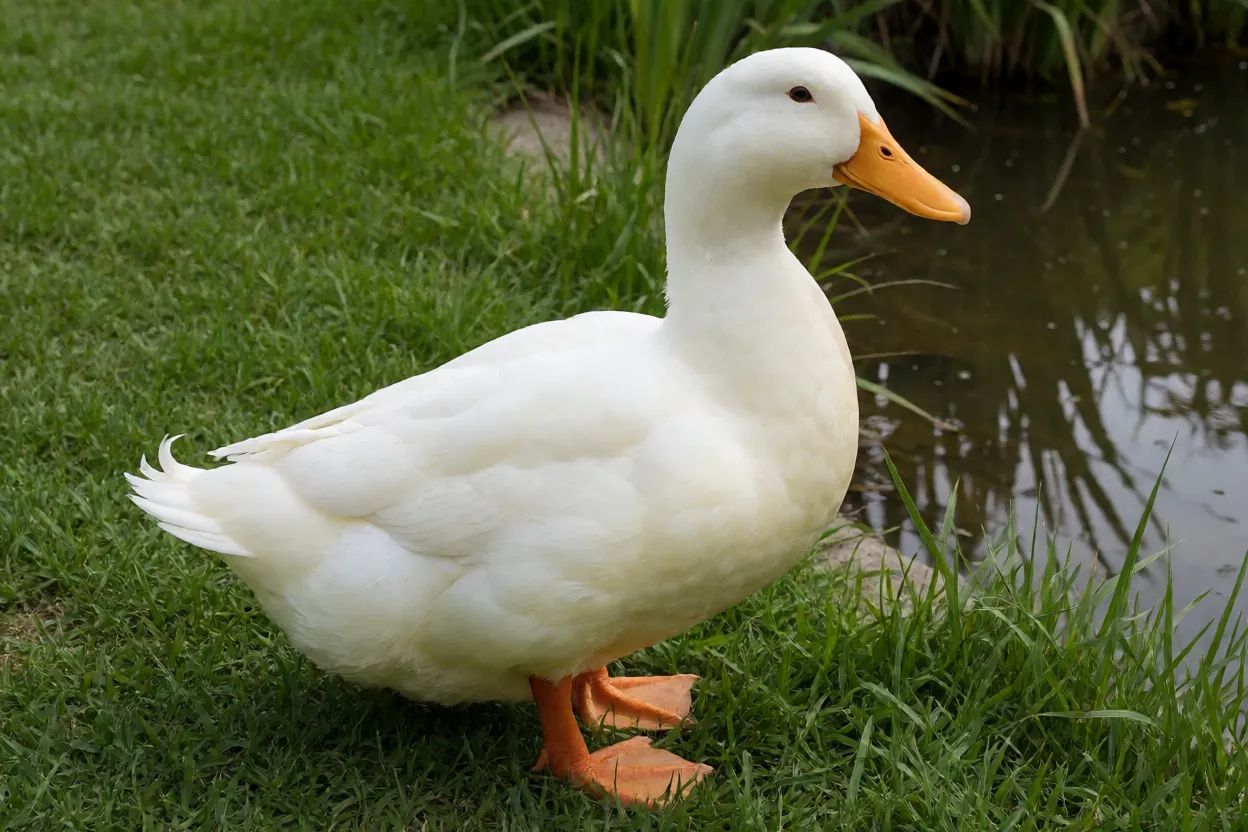 Pato-doméstico Pekin de corpo inteiro em pé na grama perto de lago