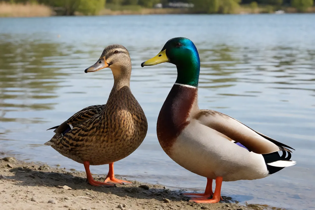 Casal de pato-real macho e fêmea à beira do lago
