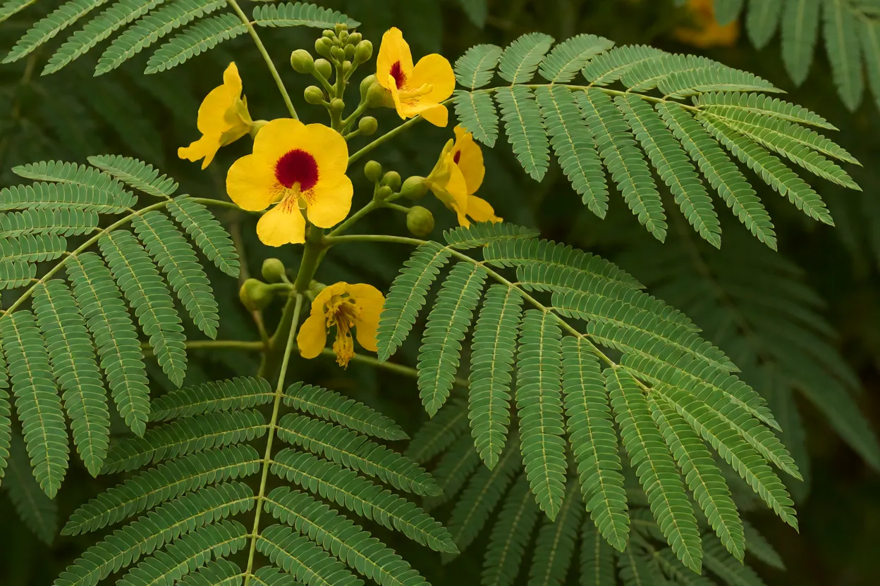 Pau-brasil: características da árvore, crescimento e tudo sobre a espécie Folhas bipinadas e flores amarelas do pau-brasil em close
