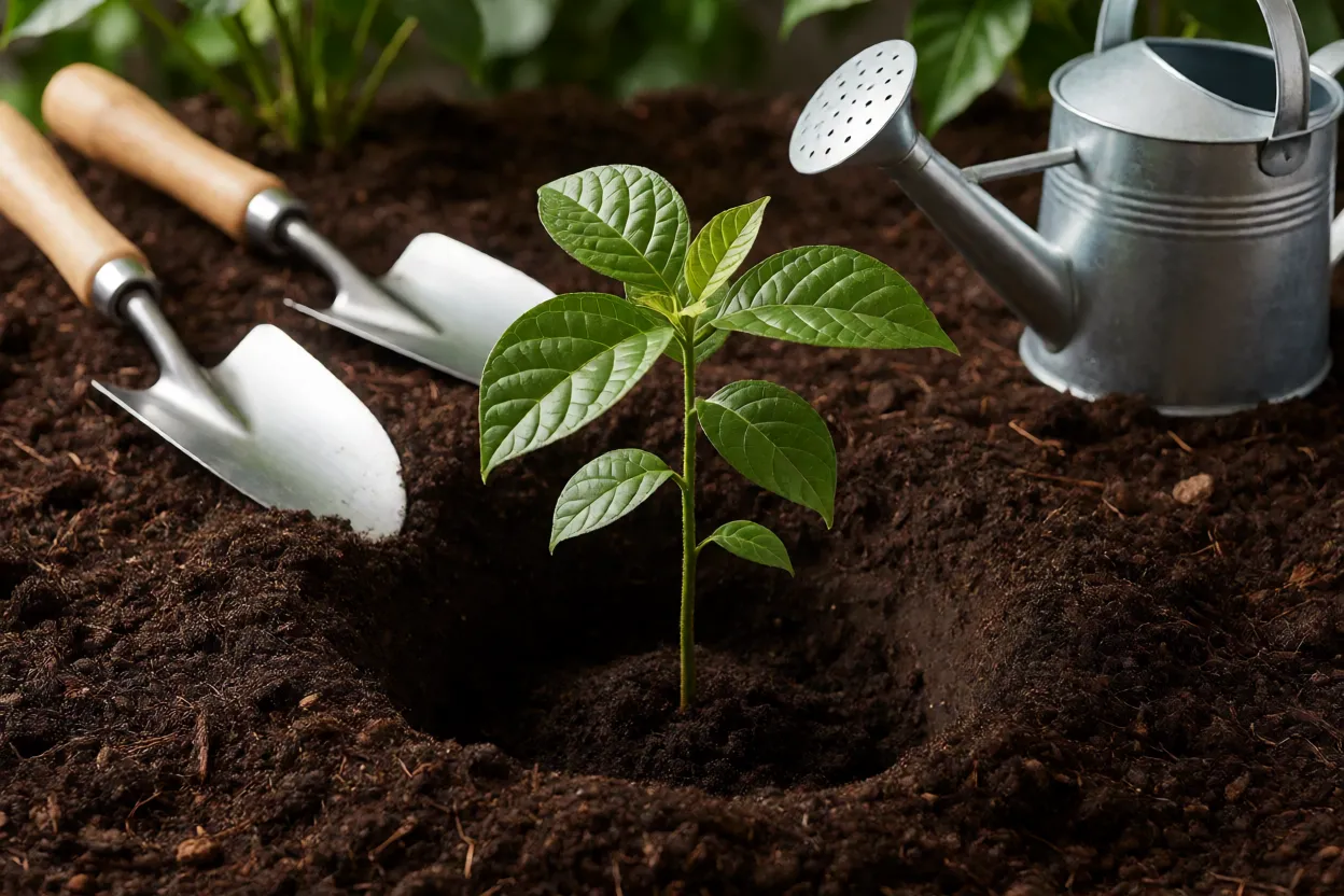 Pau-brasil: características da árvore, crescimento e tudo sobre a espécie Plantio de muda de pau-brasil em cova preparada com composto