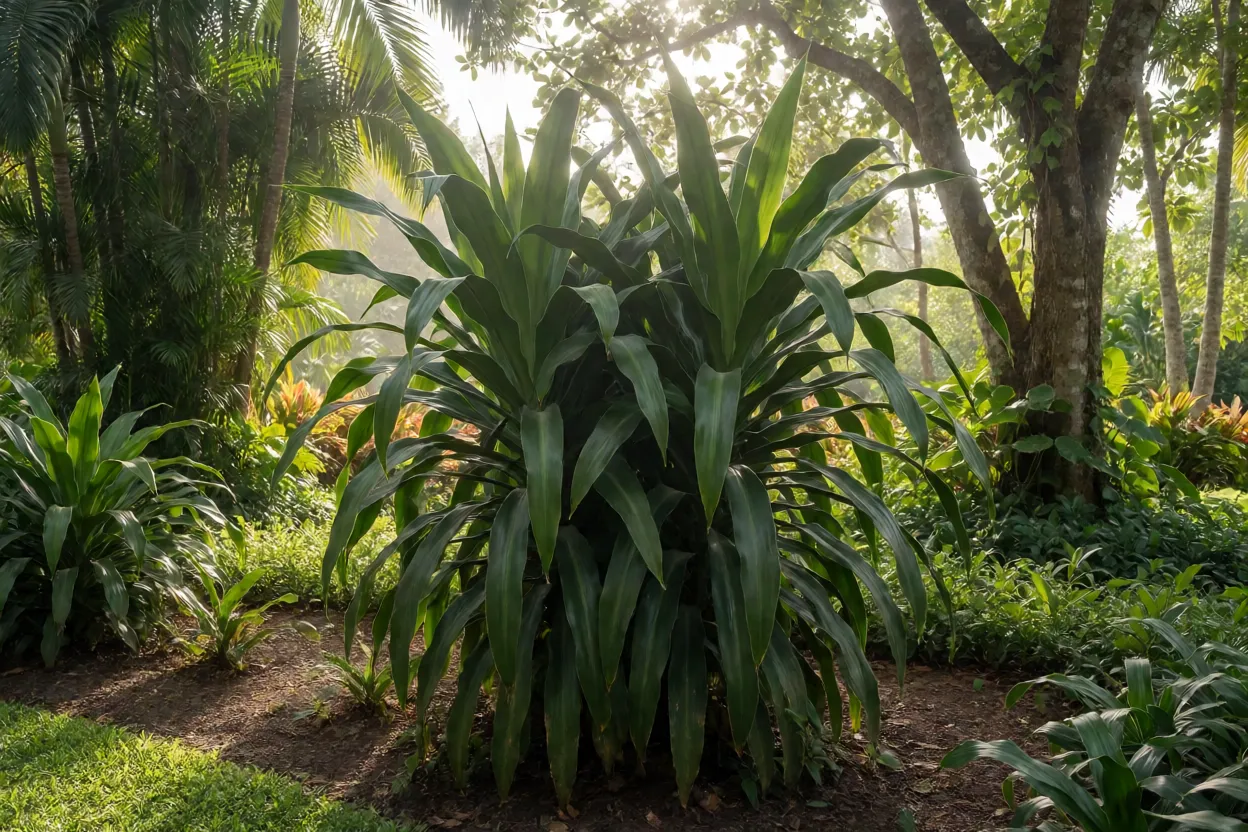 Pau-d’água plantado no jardim à meia-sombra sob árvores