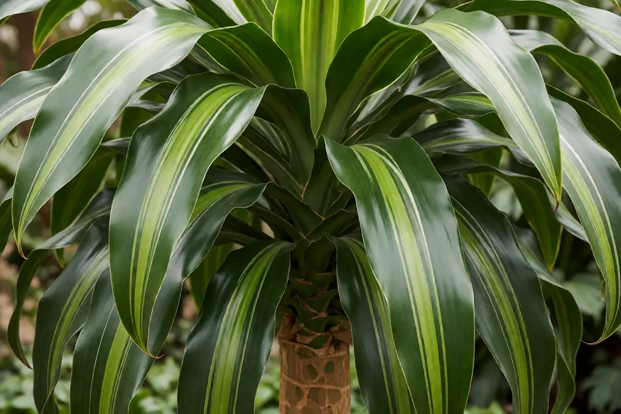 Pau-de-&aacute;gua adulto em vaso, com tronco grosso e folhas arqueadas com faixa central amarelo-esverdeada