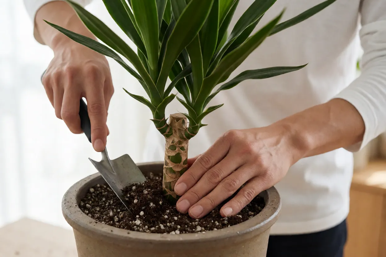 Pau-de-&aacute;gua sendo replantado em vaso novo com substrato leve e drenagem