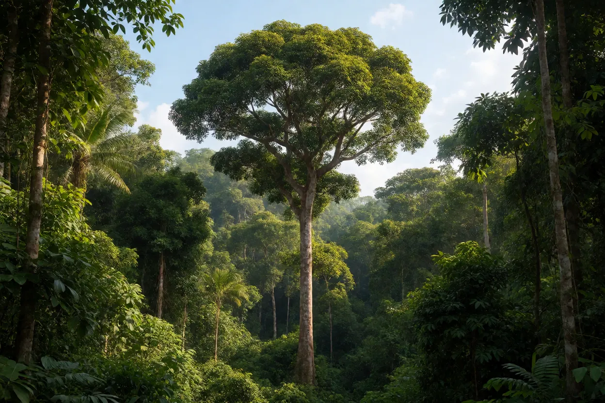 Pau-de-rosa adulto na Floresta Amazônica mostrando porte e copa densa