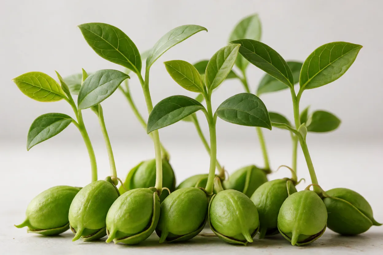 Sementes de pau-ferro e mudas germinadas