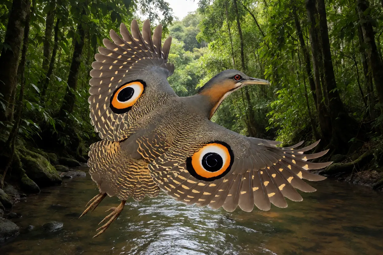 Pavãozinho-do-pará em voo com asas abertas exibindo ocelos alaranjados