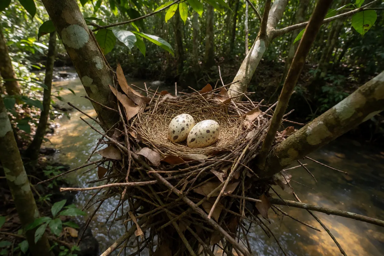 Ninho do pavãozinho-do-pará com dois ovos em forquilha de árvore baixa