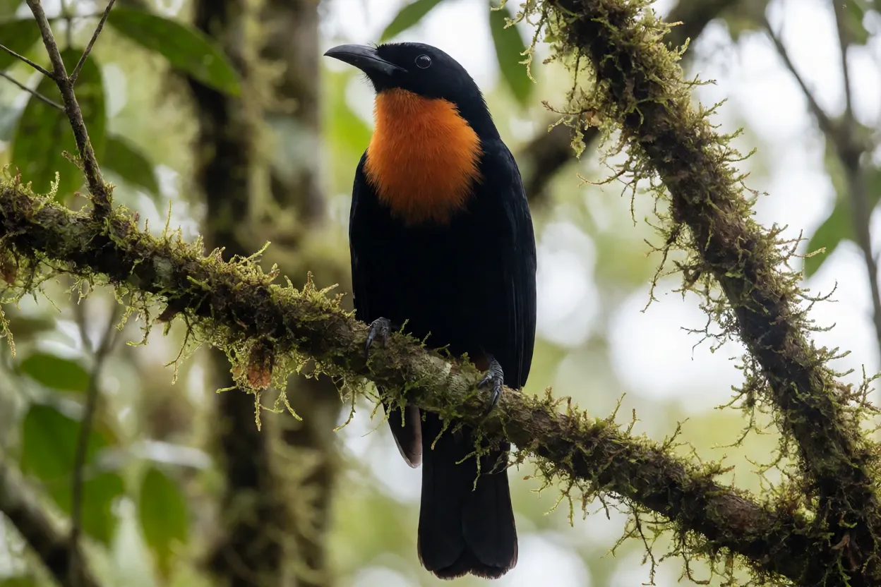 Pavó macho adulto com babado vermelho no peito pousado em galho na Mata Atlântica